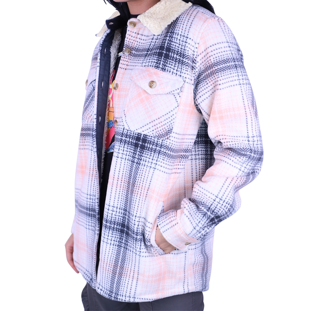 Wholesale Factory Cotton Polyester Plaid Long Sleeve Pink Fleece Shirts for Women