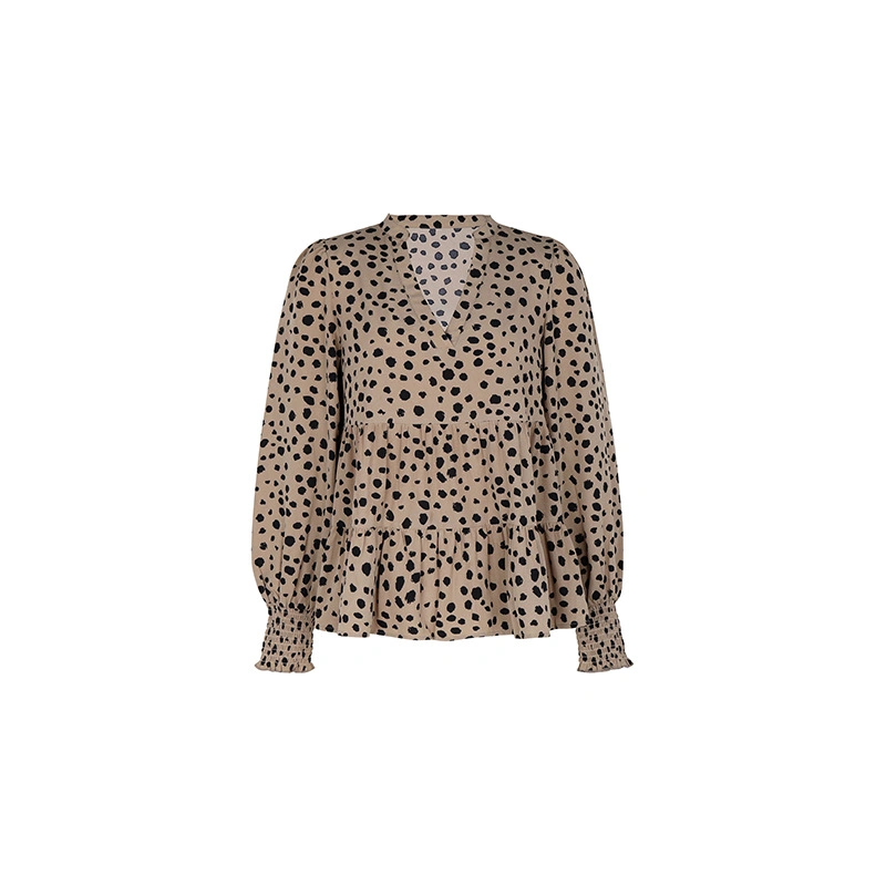 A8883 Solid Long Sleeve V Neck Leopard Print Tee