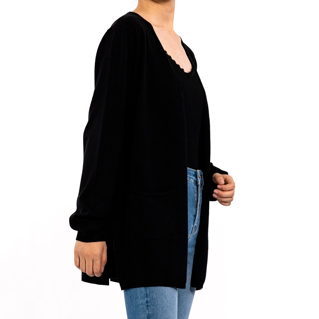 Black Chilled Silk V-Neck Long Sleeve with Pockets Summer Cardigan Sweater Women