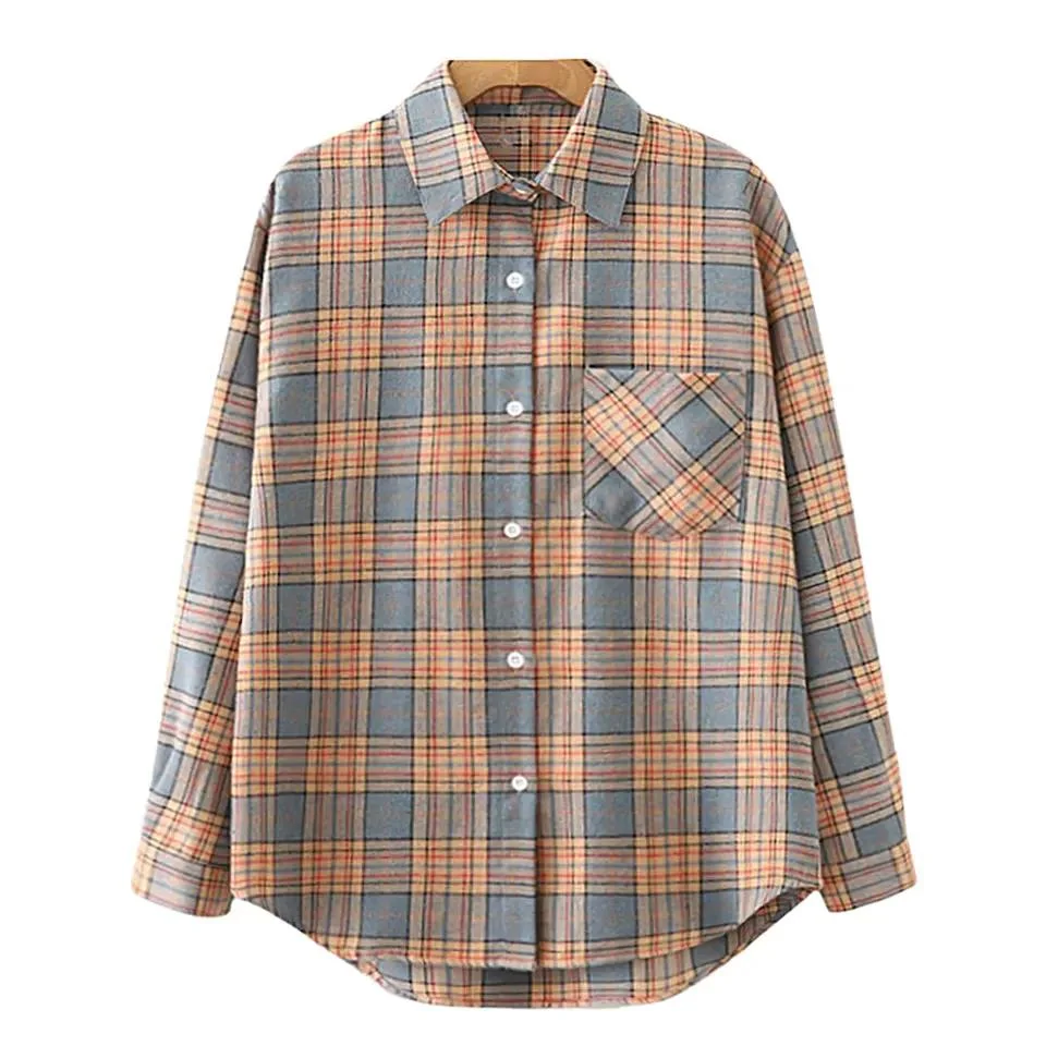 2023 Custom Fitted Button up Women Tops Long Sleeve Pocketed Regular Fit Plaid Flannel Shirts Plaid