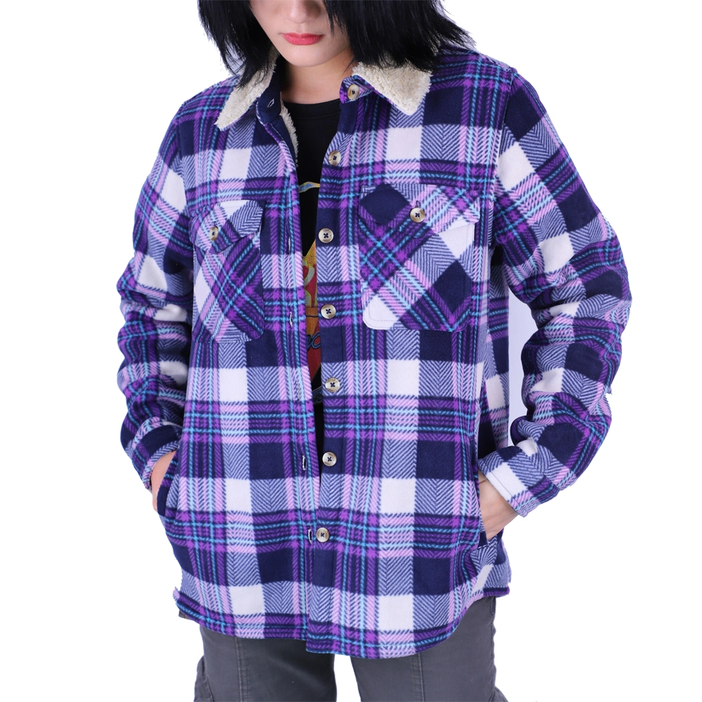 Wholesale Factory Cotton Polyester Plaid Long Sleeve Pink Fleece Shirts for Women