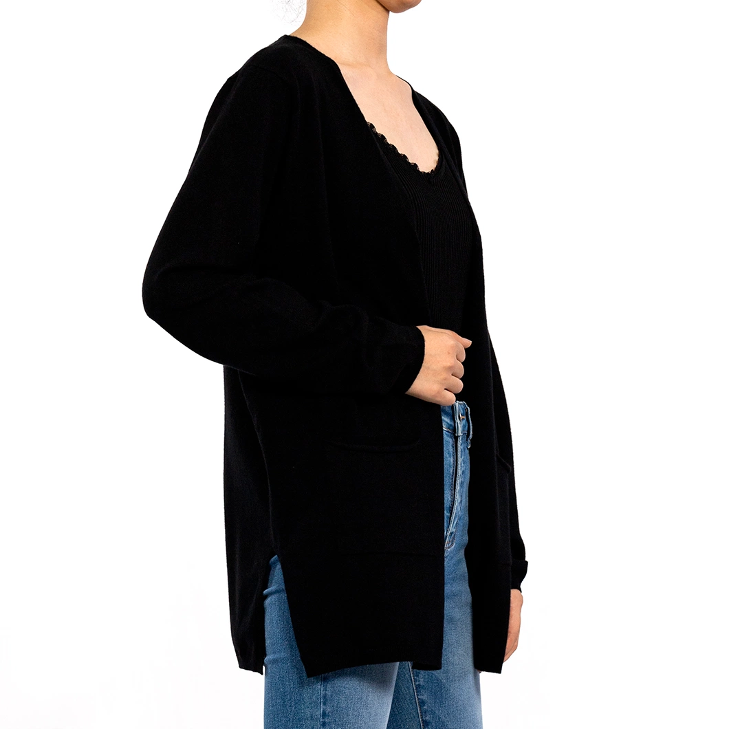 Black Chilled Silk V-Neck Long Sleeve with Pockets Summer Cardigan Sweater Women