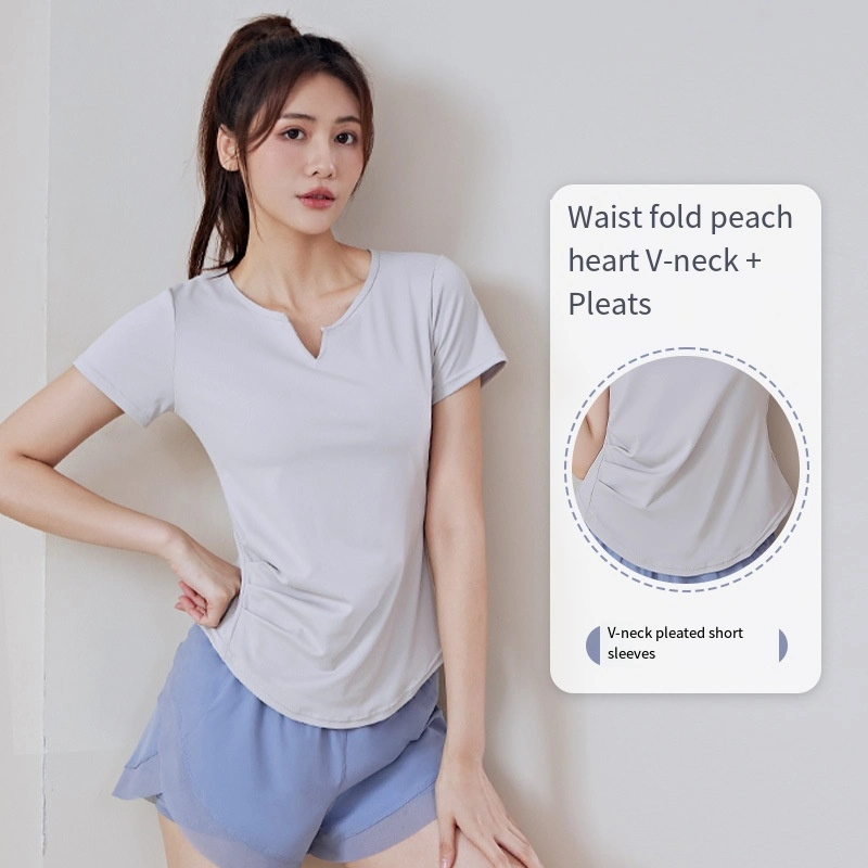 Summer V-Neck Women&prime;s Quick-Drying Solid Color Waist Loose Running Fitness Slimming Sports Gym Yoga Wear Short-Sleeved Sports T-Shirt