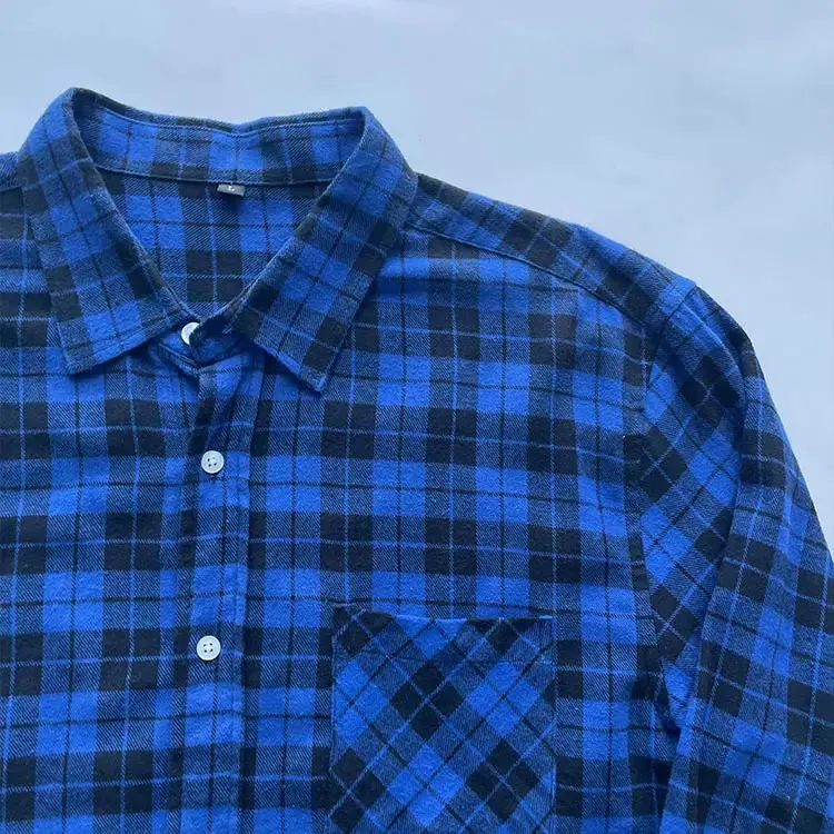 Personalized Custom Loose Fitted Blue and Black Plaid Casual Thick Flannel Cotton Flannel Shirts for Men