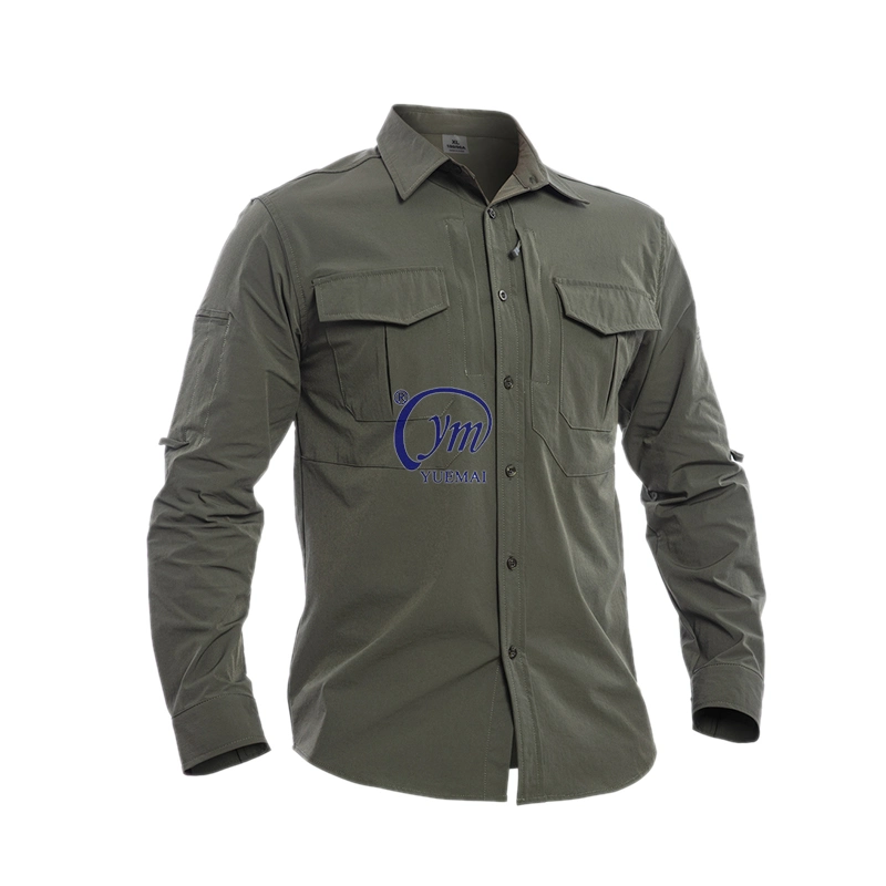 Men&prime;s Quick Dry Stretchy Water-Resistant Olive Green Long Sleeve Tactical Shirt