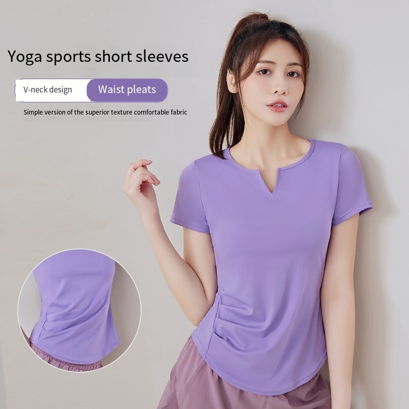 Summer V-Neck Women&prime;s Quick-Drying Solid Color Waist Loose Running Fitness Slimming Sports Gym Yoga Wear Short-Sleeved Sports T-Shirt