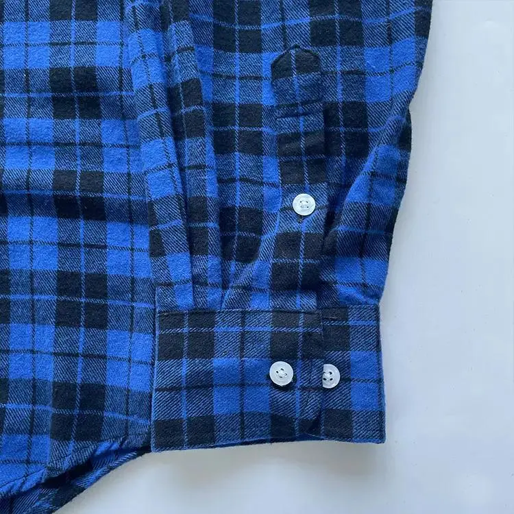 Personalized Custom Loose Fitted Blue and Black Plaid Casual Thick Flannel Cotton Flannel Shirts for Men