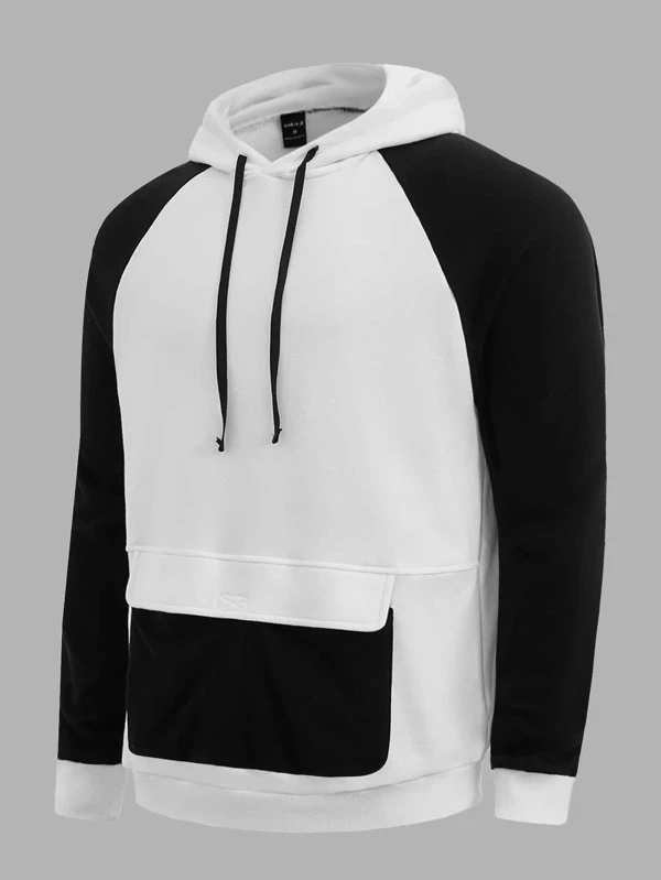 Customize Print Logo Most Popular New Arrival Black and White Men Two Tone Flap Detail Drawstring Sports Hoodies for Men