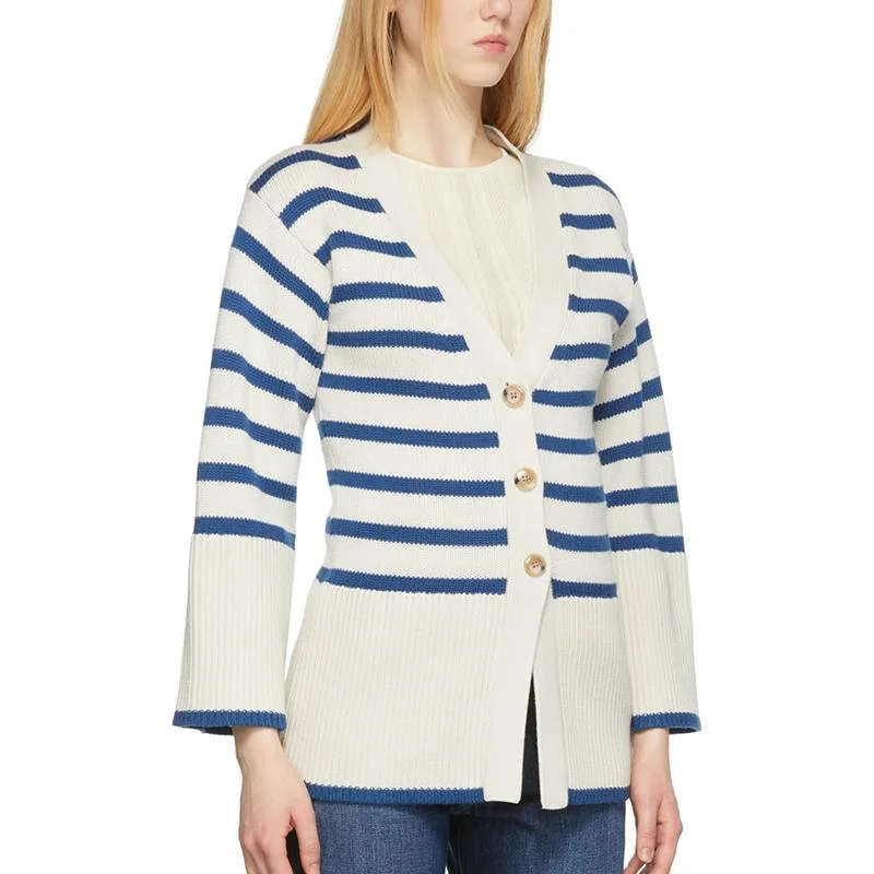 Women Deep V-Neck Tapered Waist Cardigan Women Blue Striped Jacket Women&prime;s Sweater