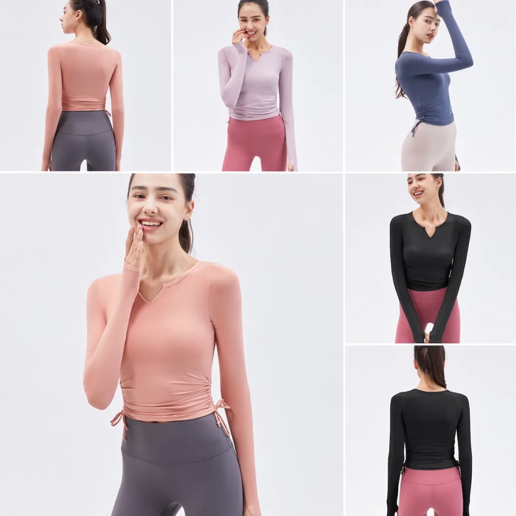 Cute Fall Winter Athletic Yoga Top Wear Long Sleeve V Neck Pullover T-Shirts with Bra for Ladies, Customize Tie Side Workout Jersey Running Sweat Shirts