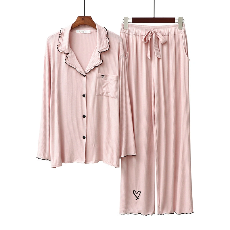 Girls/Lady Nightshirt Sets Women Combed Cotton Pajama Set Solid Green Pyjama Set Long Sleeve Sleepwear Women Top Long Pant with Ruffle Lapel and Buttons