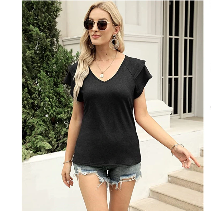 V Neck Tee Shirts Women Clothes OEM Custom T Shirt Fashion Women&prime;s T-Shirt