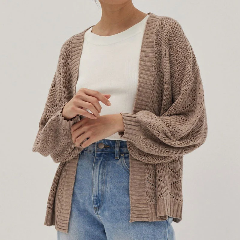 Spring Hollow Jacket Lantern Sleeve Rib Knit Sweater for Women Buttonless Casual Custom Plus Size Women&prime;s Coat Sweater Cardigan