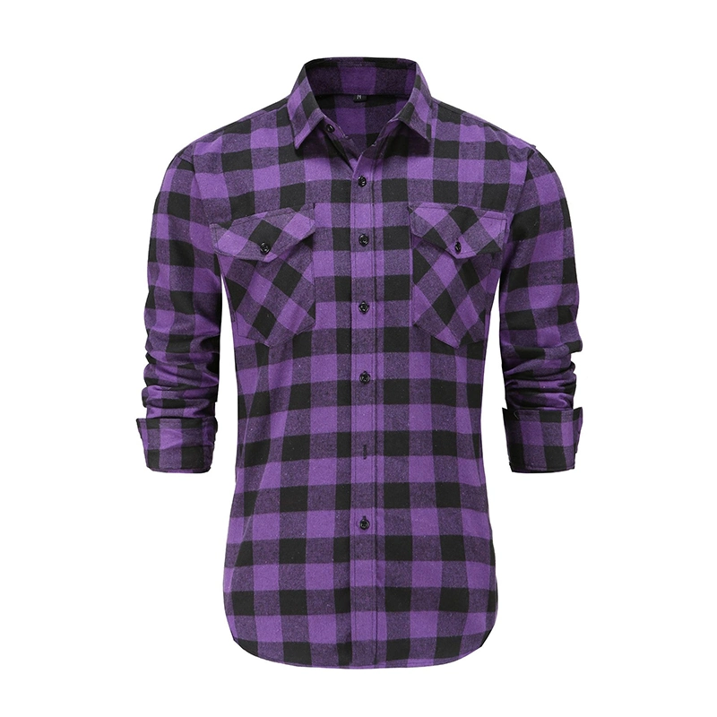 Custom Printing Logo Designer Long Sleeve Plaid Shirt Oversized Cotton Men Flannel Shirts