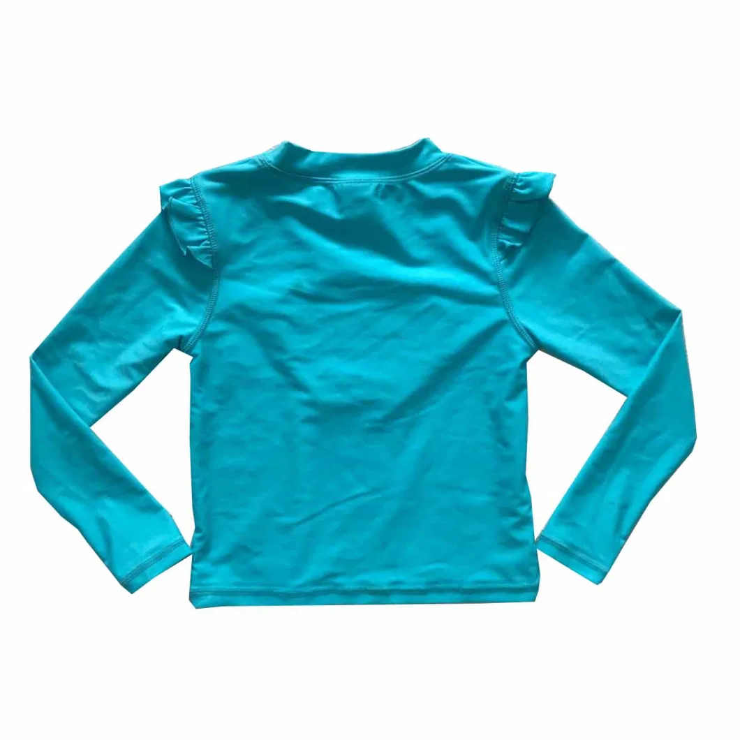 Youth Kids Solid Blue Nylon Spandex Rash Guard Long Sleeve, Girls 2-16y Upf 50+ Sun Protective Rash Guard Swim Shirt with Ruffled Shoulder and Shell Emb. Patch