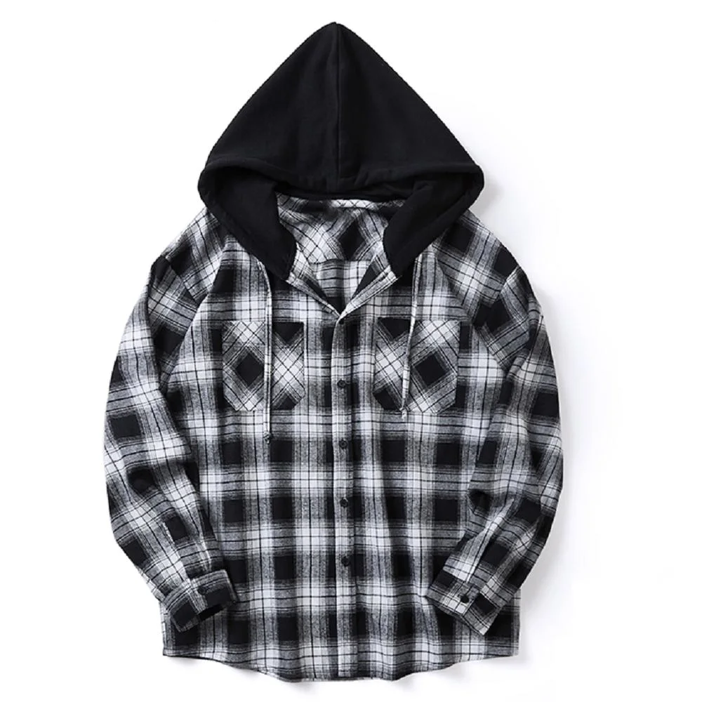 Private Label Oversized Casual Custom Black and White Checker Long Sleeve Hooded Plaid Flannel Shirt