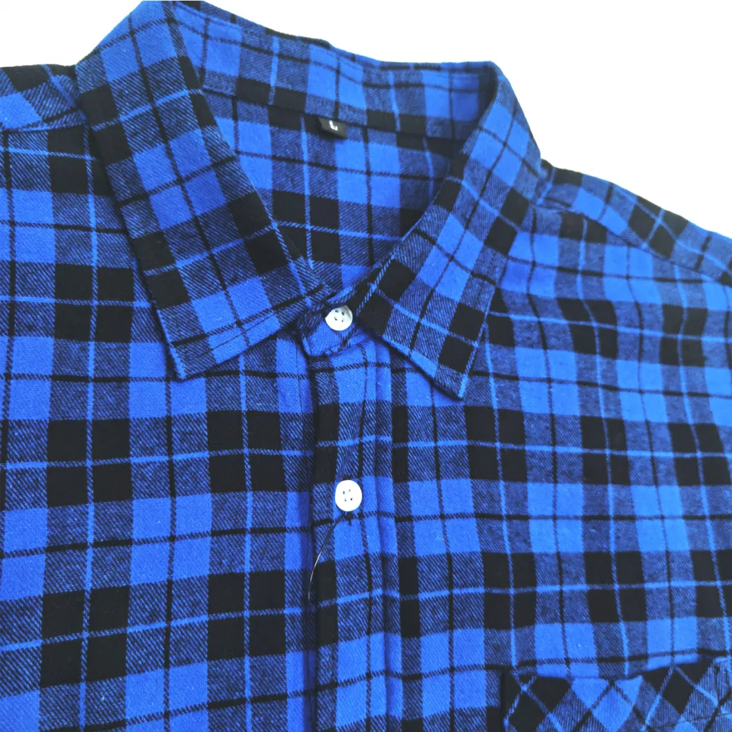 Manufacture Pattern Silk Screen Printed Blue Mens Long Sleeve Plaid Loose Fitted Blue Flannel Shirt with Pockets