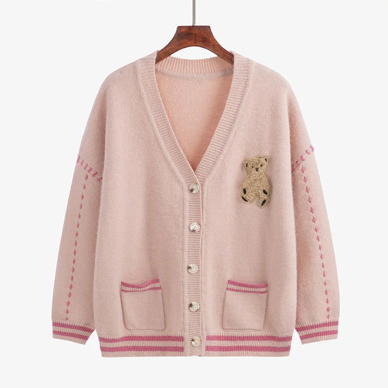 Women&prime;s Sweaters Cardigan Jacket Autumn and Winter Bear Loose Knit Sweater Top