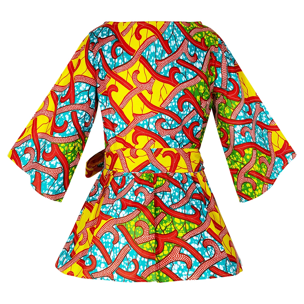 Wholesale African Dashikis Fashion Top for Women Long Sleeve Tie Bow Waist African Blouse