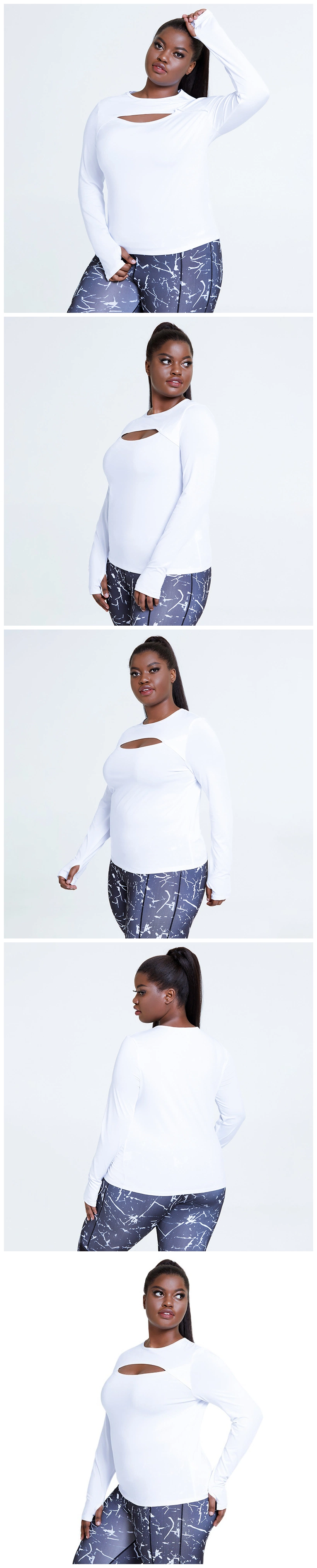 Plus Size Gym Wear Sport Athletic Women L-4XL Fitness Yoga Tops White Jogging Long Sleeve Workout Shirts with Thumb Hole