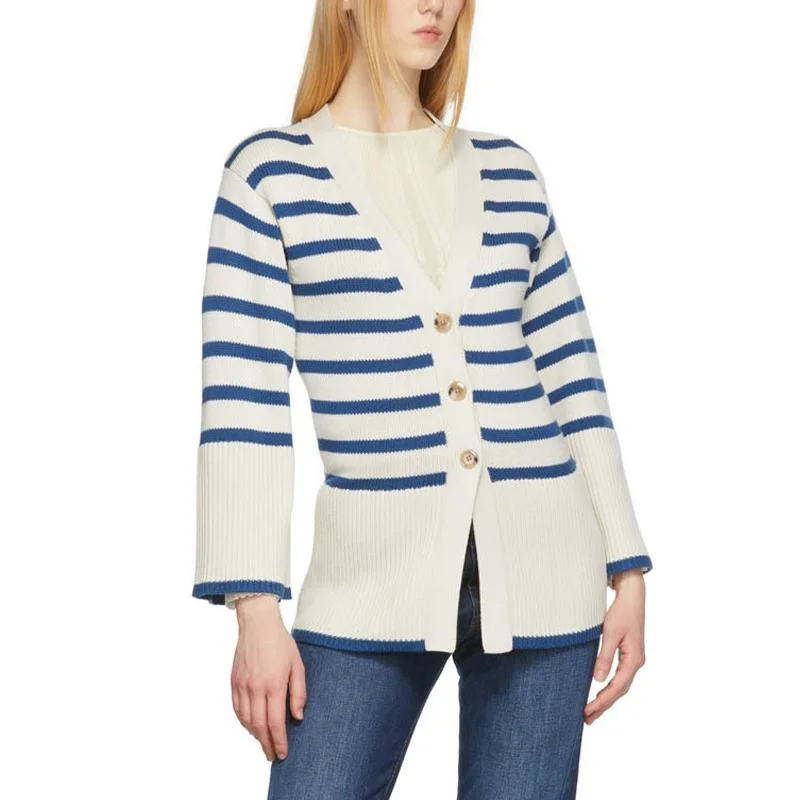 Women Deep V-Neck Tapered Waist Cardigan Women Blue Striped Jacket Women&prime;s Sweater