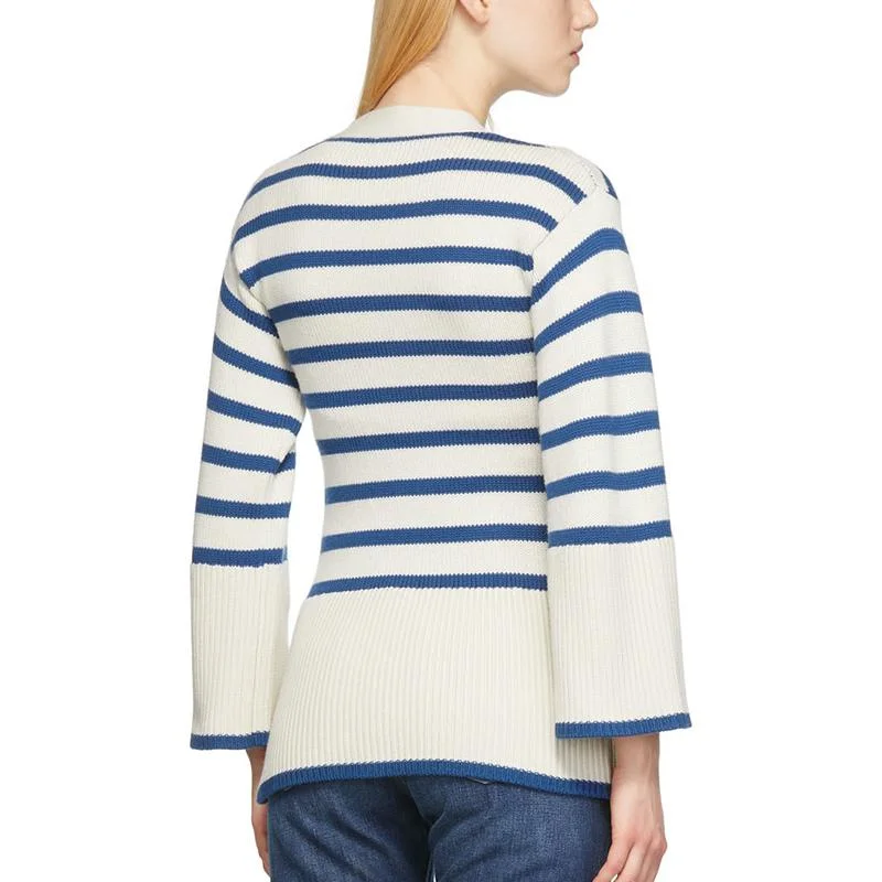 Women Deep V-Neck Tapered Waist Cardigan Women Blue Striped Jacket Women&prime;s Sweater