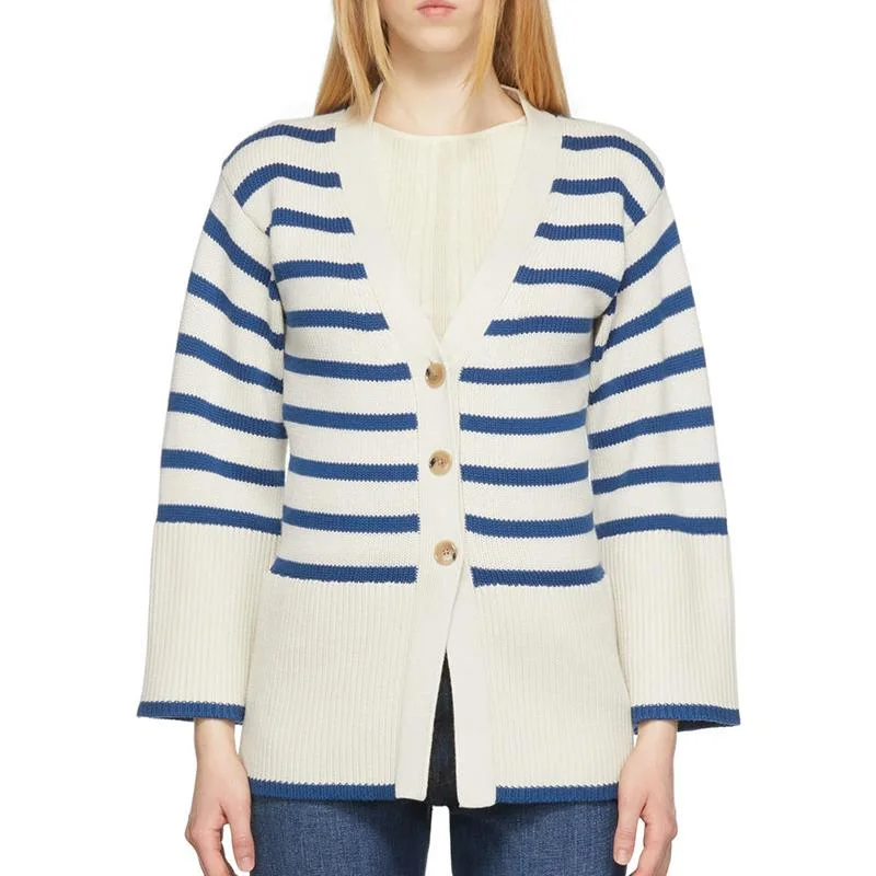 Women Deep V-Neck Tapered Waist Cardigan Women Blue Striped Jacket Women&prime;s Sweater