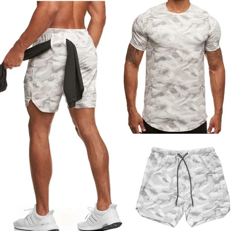 2PCS Mens Tie Dye Printed Camo Pattern Short Sleeve T-Shirts with Running Shorts Set Athletic Sweat Suit Casual Sportswear