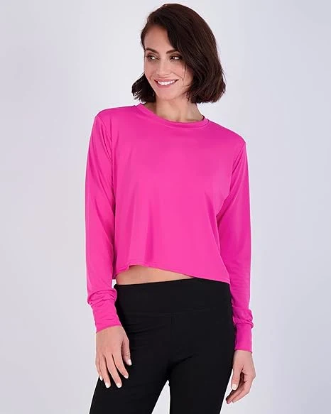 Women&prime;s Dry Fit Crop Top T-Shirt Long Sleeve Crew Neck Shirt Stretch Athletic Tee