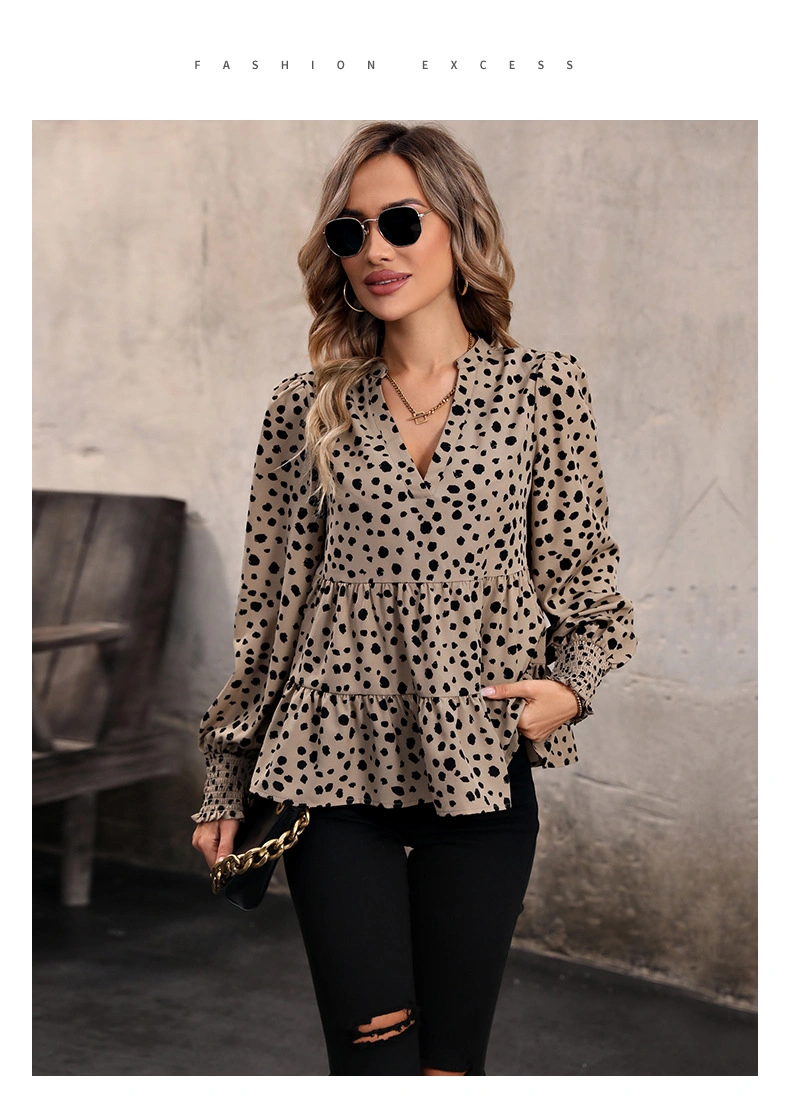 A8883 Solid Long Sleeve V Neck Leopard Print Tee