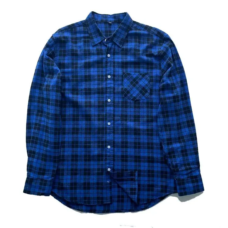 Personalized Custom Loose Fitted Blue and Black Plaid Casual Thick Flannel Cotton Flannel Shirts for Men