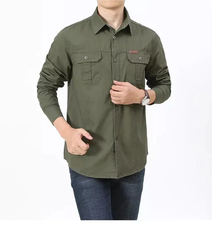 Wholesale Designer Deep Green Vintage Shirt Mens Casual Long Sleeves Heavy Cotton Washed Cargo Shirts