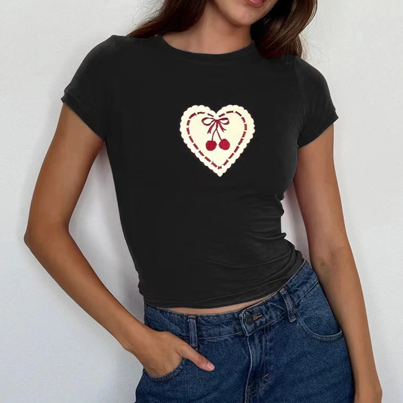 Cherry Heart-Shaped Print Round Neck Slim Red Short-Sleeved T-Shirt Top