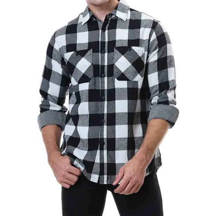 Full Length Long Sleeve Spring 100% Cotton Men&prime; S Flannel Shirts Custom Classical Black and White Plaid Shirts