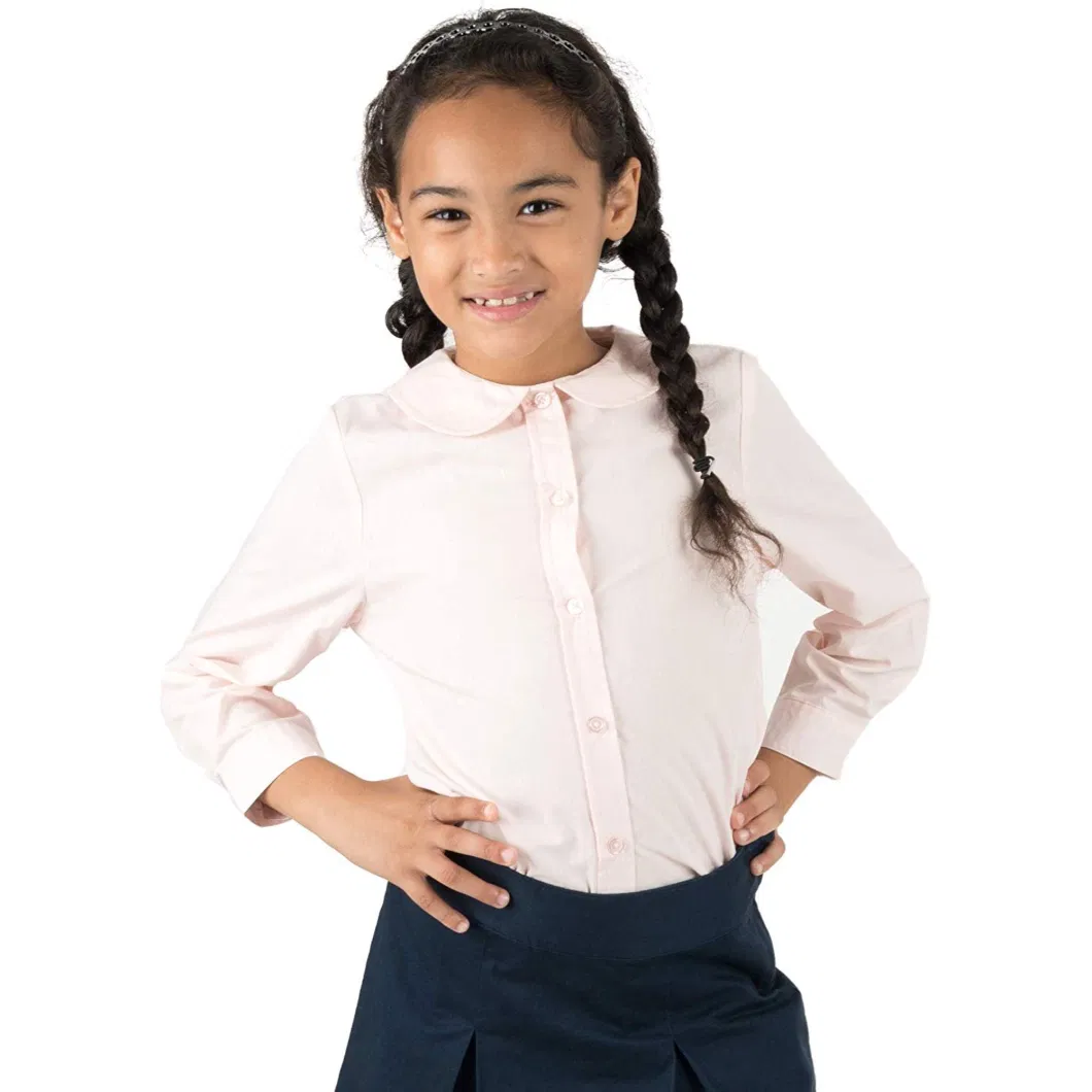 Kids Long Sleeve Peter Pan Collar Blouse School Uniform Cotton Shirt for Size 2-14 Years Cute Girls