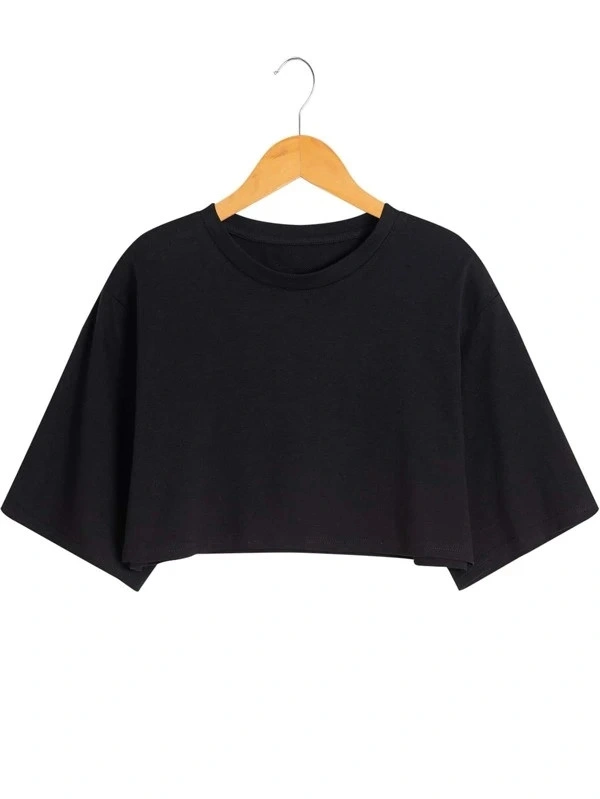 Solid Black Drop Shoulder Crop Tee Crew Neck Women T Shirt Summer Casual Oversize Short Sleeve T-Shirt