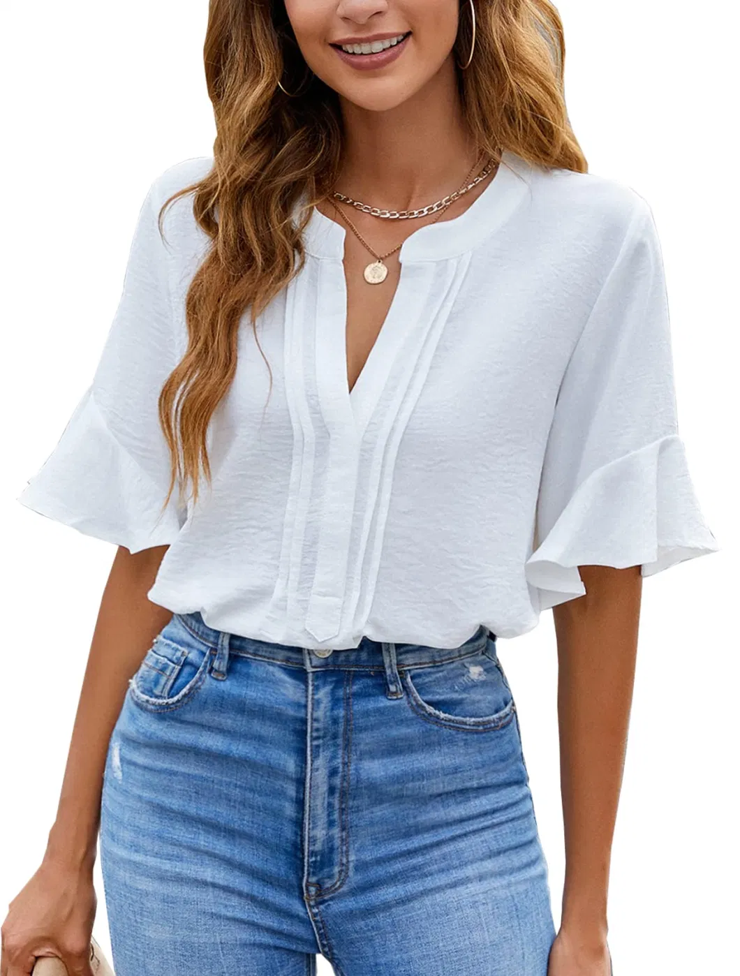 Fashion Womens White Blouses Chiffon Ruffle Shoineck Business Casual Tops Summer Cute Shirt