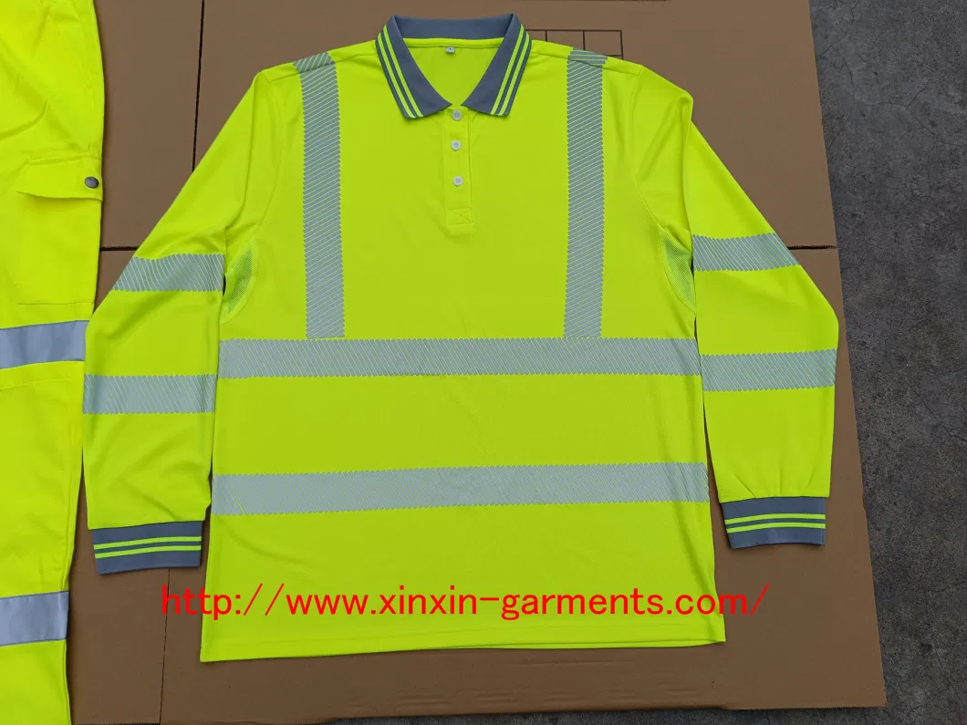 Safety Fluorescent Green Wholesale PPE Work Hi-Vis Reflective Long Sleeve Mens Stripe Polo High Visibility Safety Shirts (W2403)