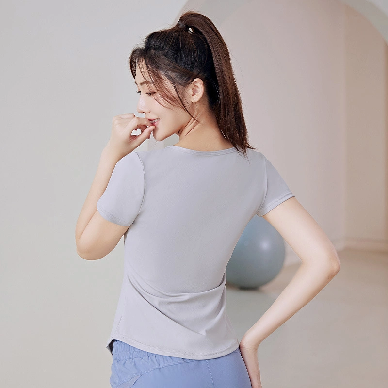 Summer V-Neck Women&prime;s Quick-Drying Solid Color Waist Loose Running Fitness Slimming Sports Gym Yoga Wear Short-Sleeved Sports T-Shirt