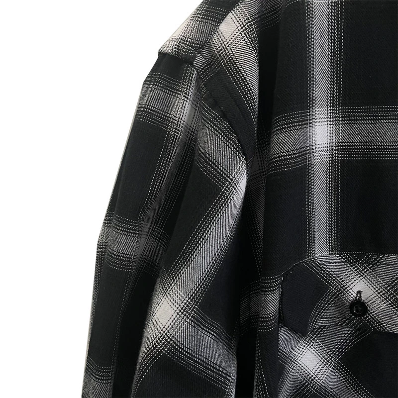 Fashion Black and White Plaid Flannel Shirt Custom Label 100% Cotton Long Sleeve Casual Button up Shirt