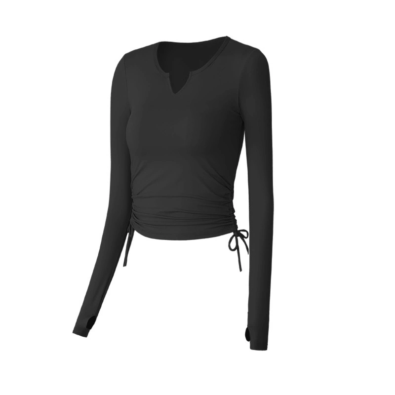 Cute Fall Winter Athletic Yoga Top Wear Long Sleeve V Neck Pullover T-Shirts with Bra for Ladies, Customize Tie Side Workout Jersey Running Sweat Shirts