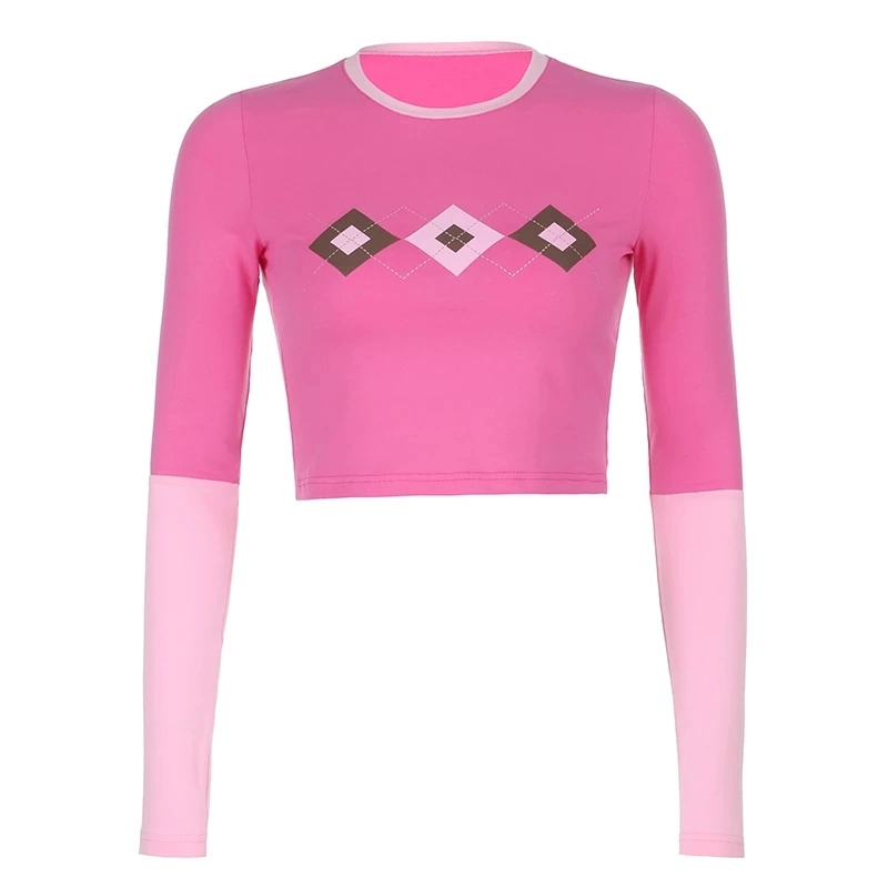 Pink Sweat Crop Top T Shirt Women Casual Cotton Long Sleeve T-Shirt Ladies Patchwork Fashion Tee Shirt