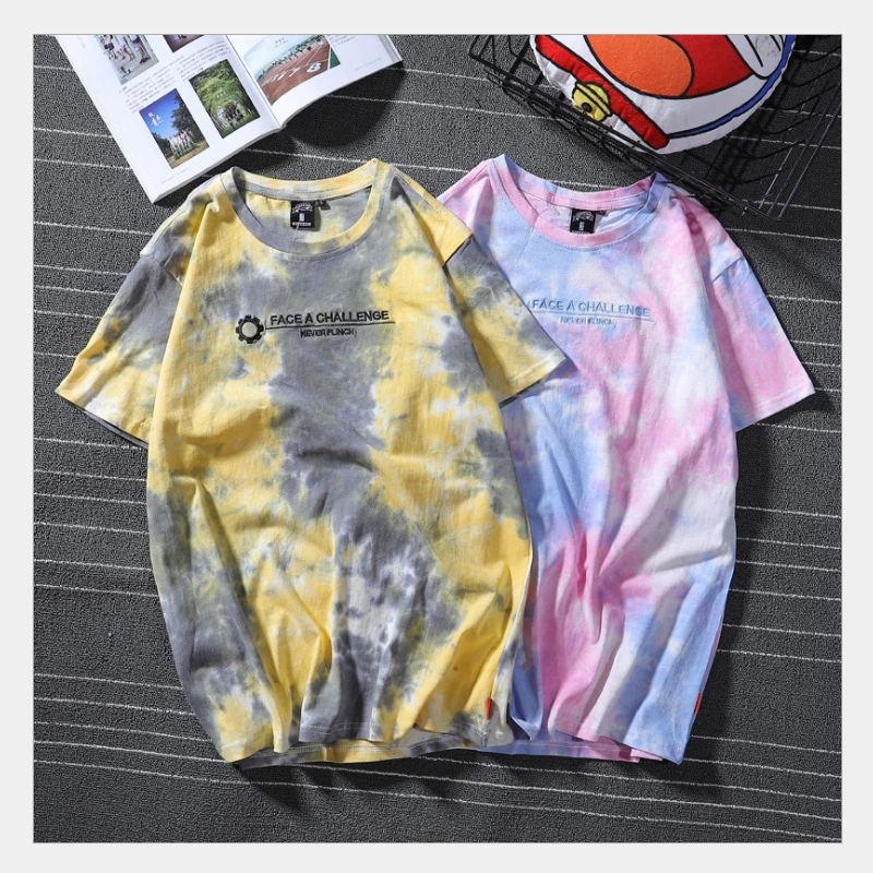 Hip-Hop Splash Ink Short-Sleeved Men Oversize Couple Tie and Dye T-Shirts