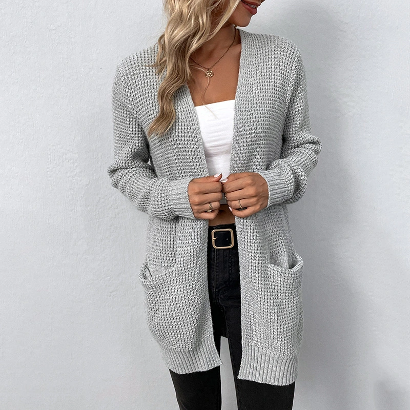 Winter Women&prime;s Cotton Acrylic Knitwear Solid Color Pocket Cardigan Jacket Sweater