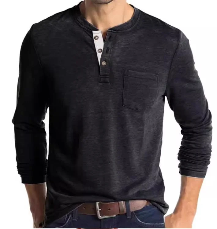 Men&prime;s Fall/Winter Cozy Vintage Henley Collar Long Sleeve Pocket T-Shirt Tee