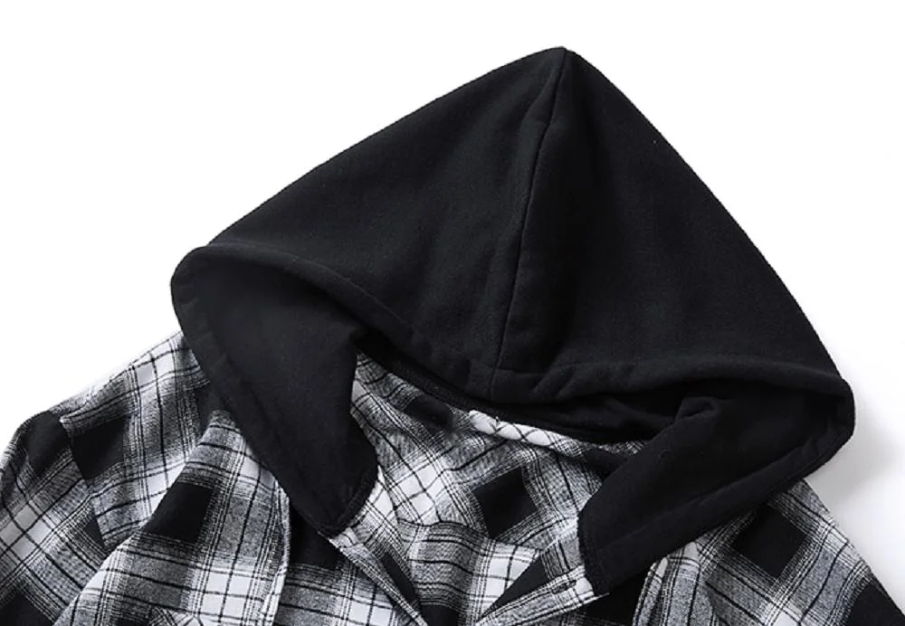 Private Label Oversized Casual Custom Black and White Checker Long Sleeve Hooded Plaid Flannel Shirt