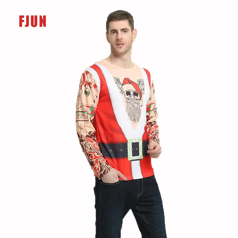 2022 Popular Cute Christmas Atmosphere Large Area Santa Claus Print Round Neck Long Sleeve Men&prime; S T-Shirt