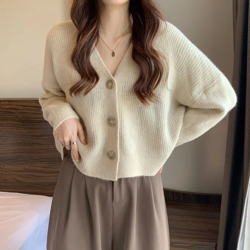 Nnr Cropped Sweater Women Knitted Cardigan V Neck Long Sleeve with Button