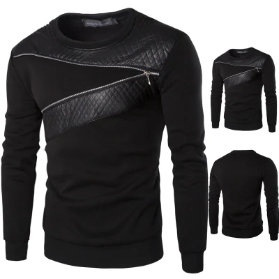 Men′s Black Sportswear sudaderas con capucha de renegociación de la tejido de algodón Pullover Hoody con cuero y la decoración de cremallera PU