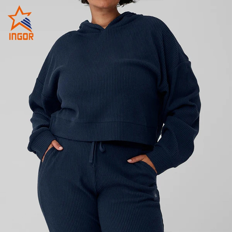 Ingor Sportswear Fitness Clothing Suppliers Custom Women Activewear Ribbed Knit Crop Hoodies